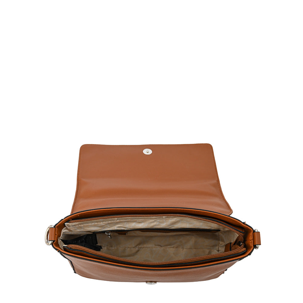 Shoulder bag with medium brown orienta lid