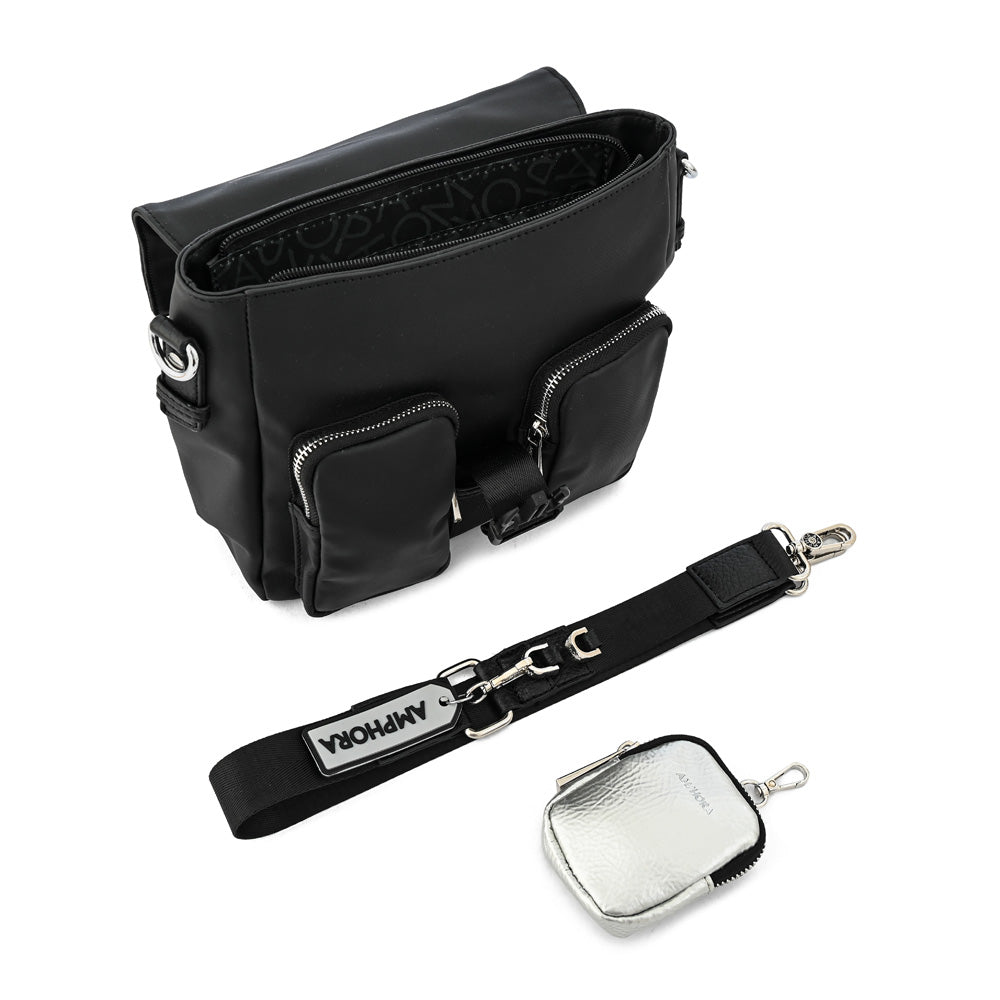 Textured black noa small backpack with lid