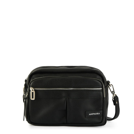Medium textured black metallique crossbody wallet