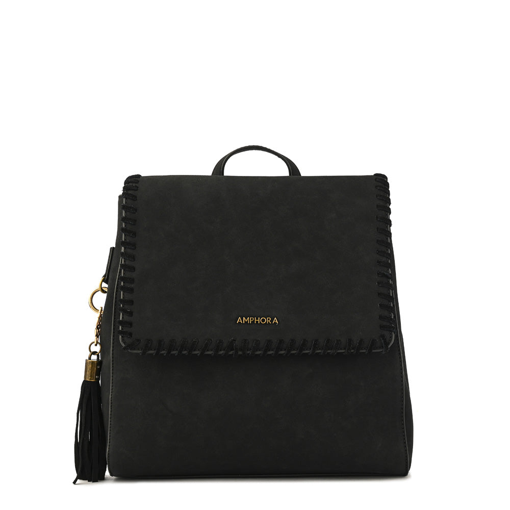 Textured Black Evelyn Medium Lid Backpack