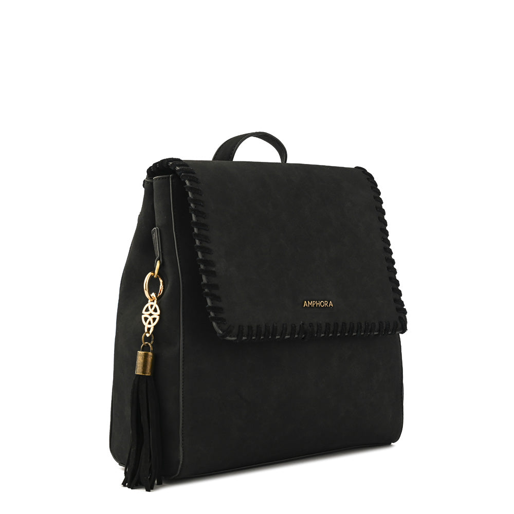 Textured Black Evelyn Medium Lid Backpack