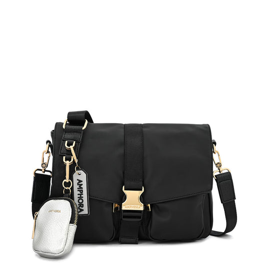 Textured Black Noa Medium Flip Crossbody Wallet