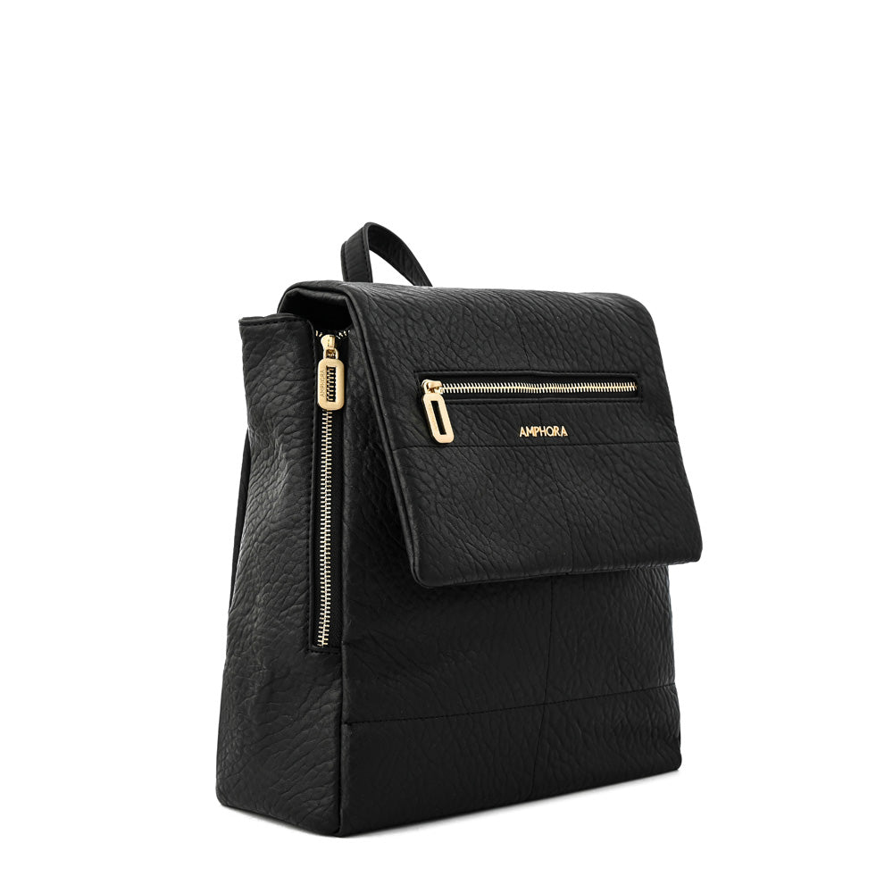 Elena Medium Black Textured Lid Backpack