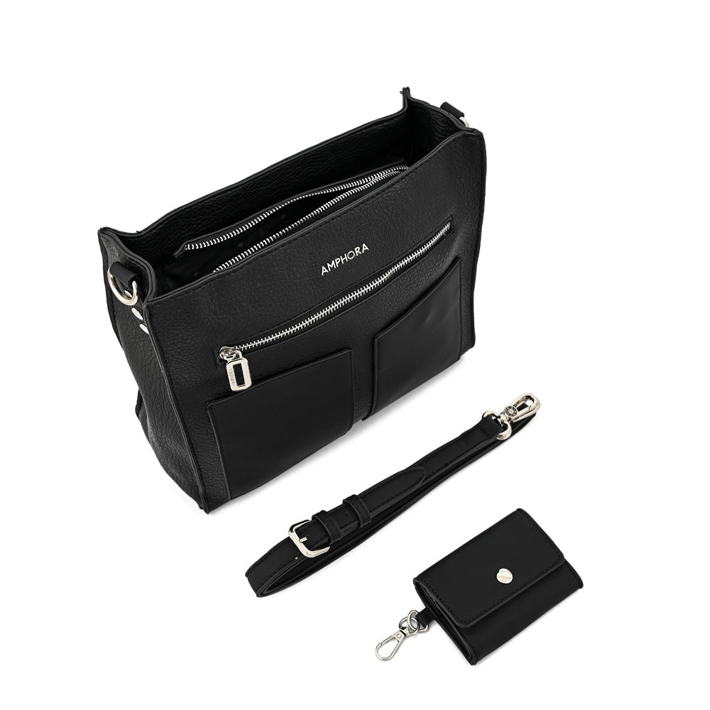 Silvia medium black textured crossbody wallet