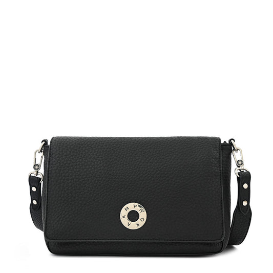 Crossbody wallet with medium textured black orieta cover