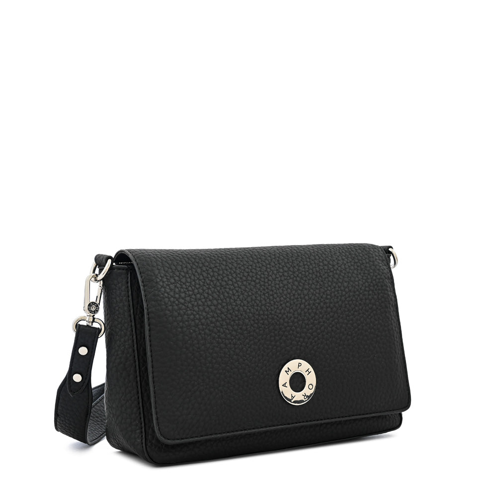 Crossbody wallet with medium textured black orieta cover