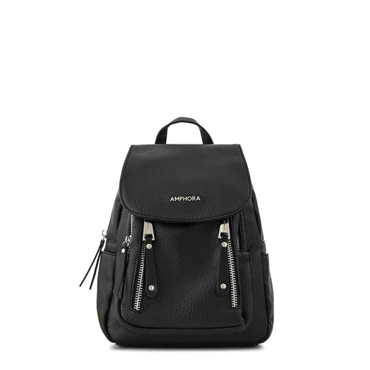 Textured black crofia small backpack with lid