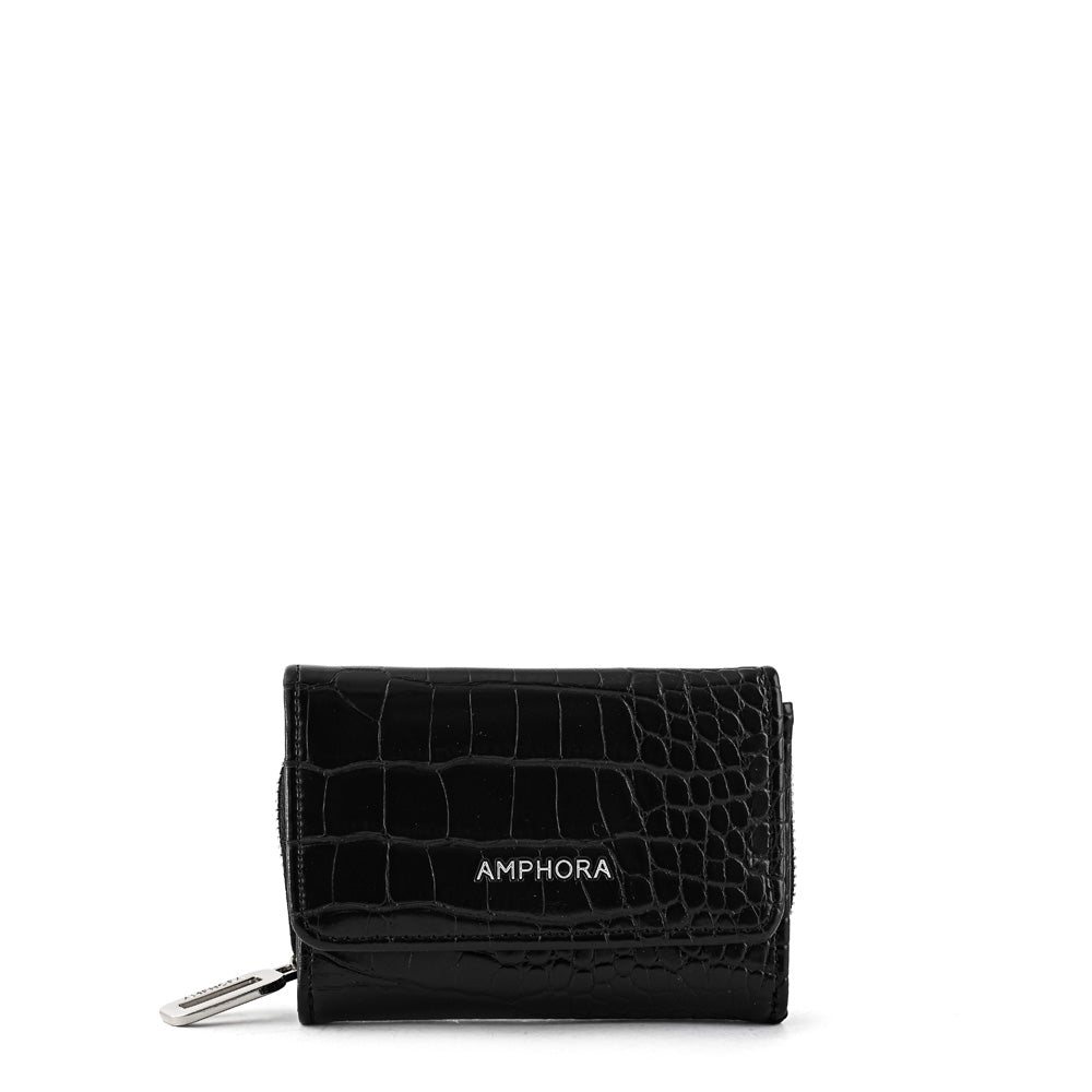 Black Croccos Small Exterior Zip Wallet