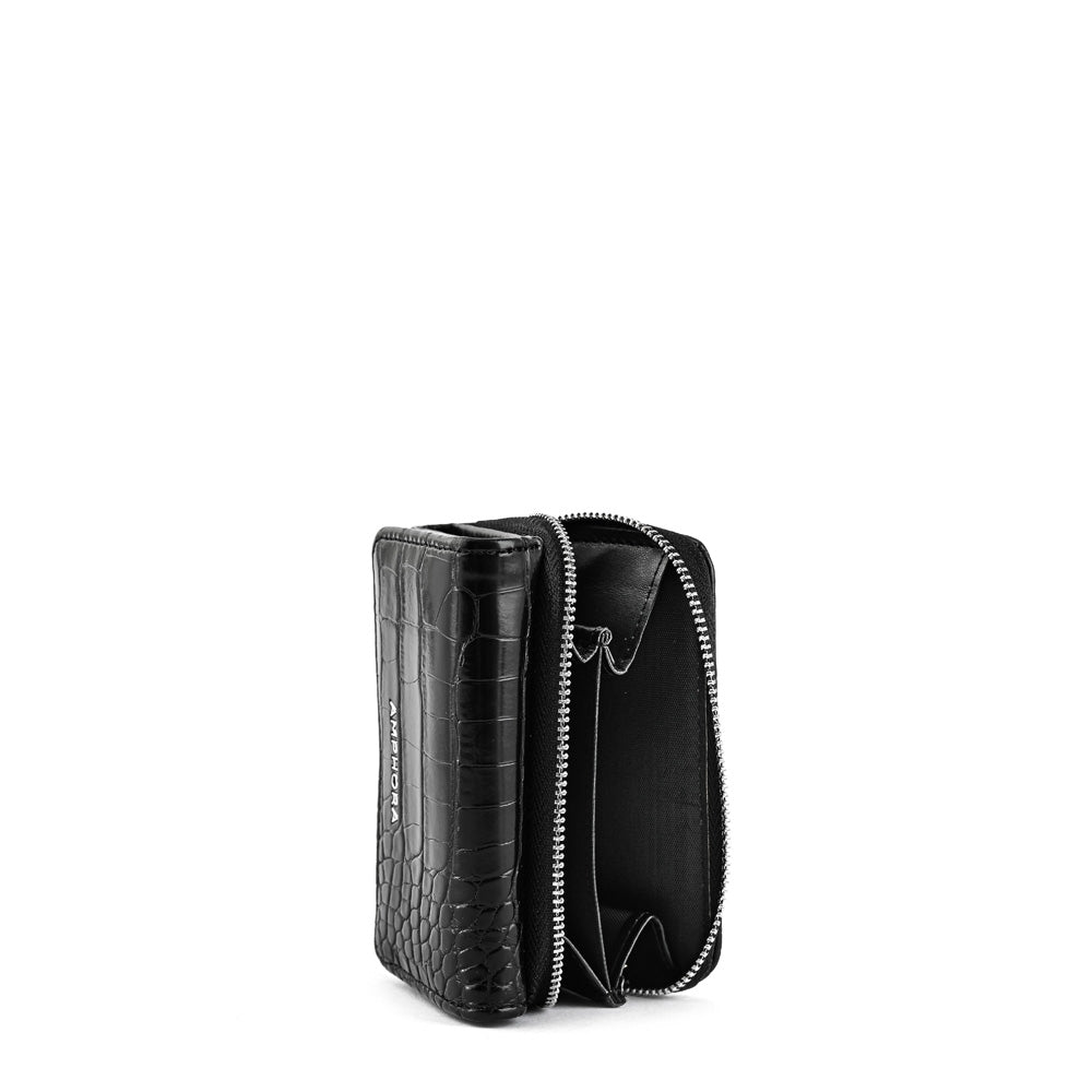 Black Croccos Small Exterior Zip Wallet